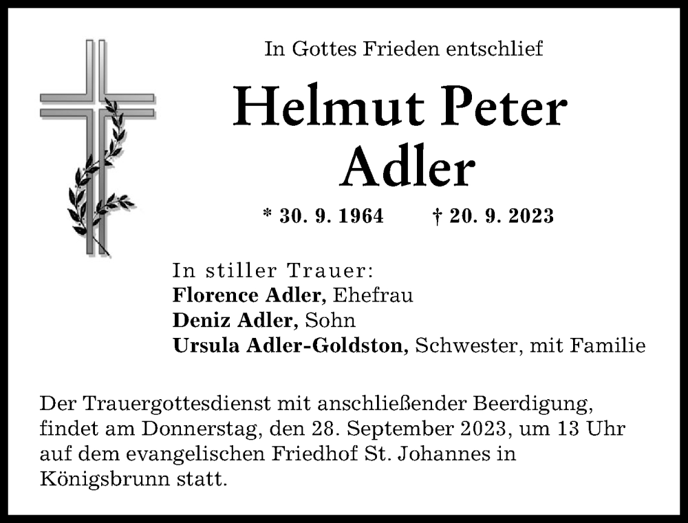  Traueranzeige für Helmut Peter Adler vom 26.09.2023 aus Schwabmünchner Allgemeine