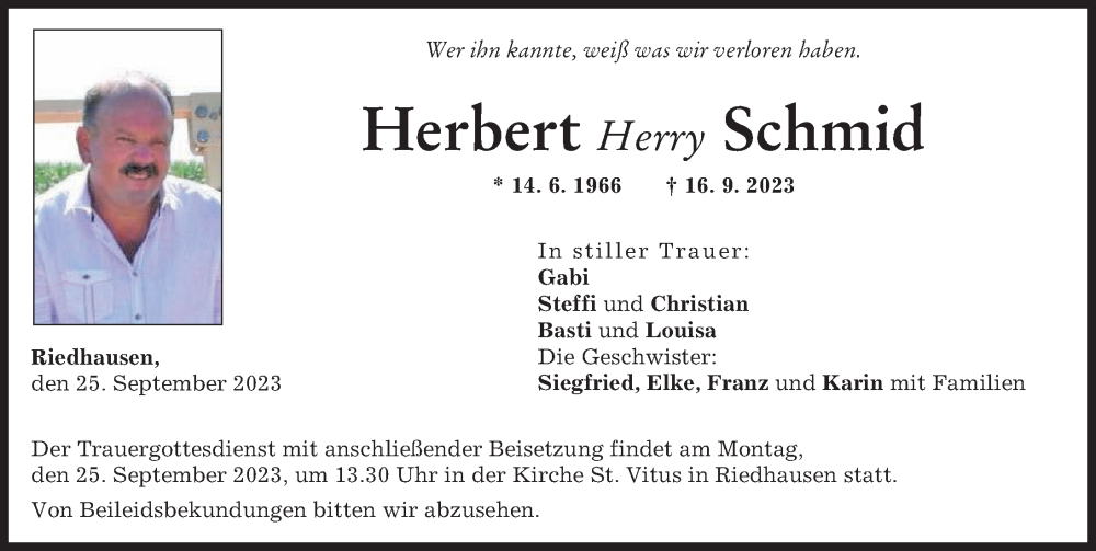 Traueranzeige von Herbert Schmid von Günzburger Zeitung
