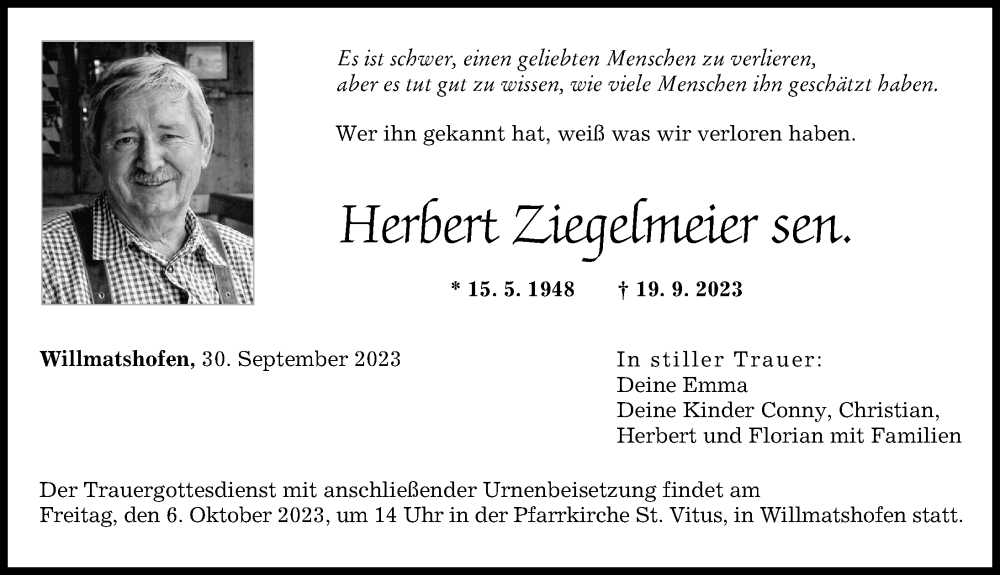  Traueranzeige für Herbert Ziegelmeier vom 30.09.2023 aus Augsburger Allgemeine