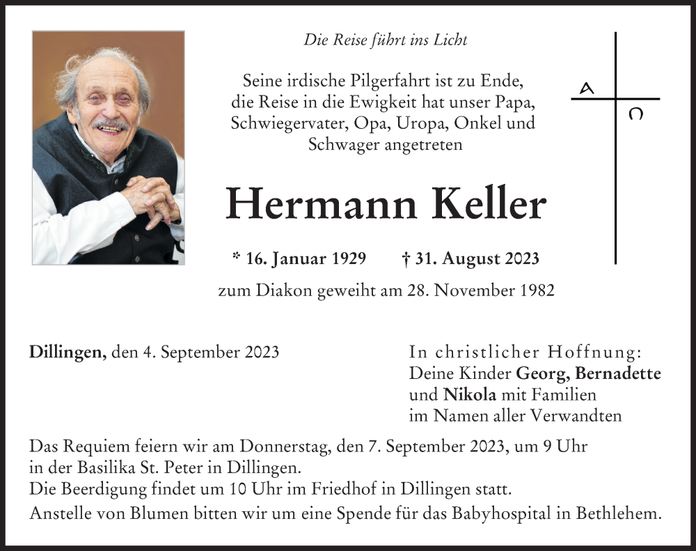 Traueranzeige von Hermann Keller von Donau Zeitung