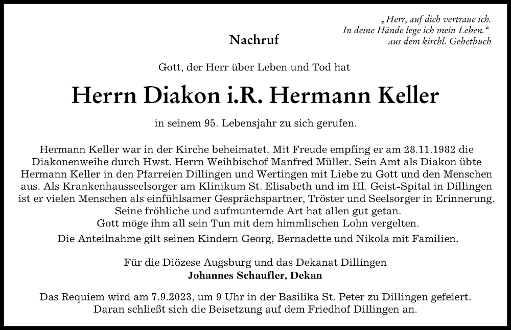 Traueranzeige von Hermann Keller von Donau Zeitung