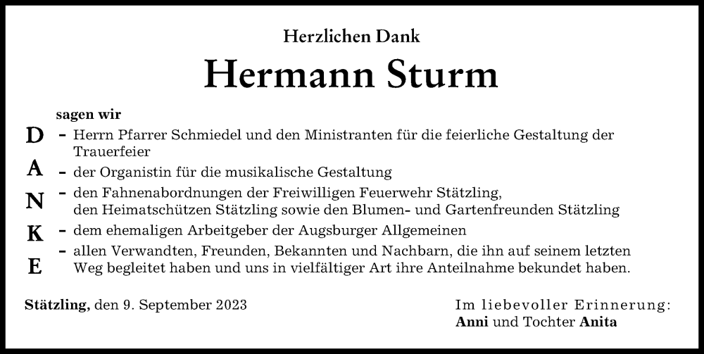 Traueranzeige von Hermann Sturm von Friedberger Allgemeine