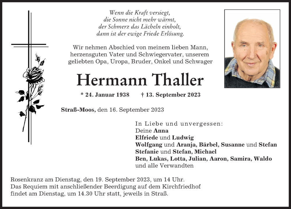  Traueranzeige für Hermann Thaller vom 16.09.2023 aus Neuburger Rundschau