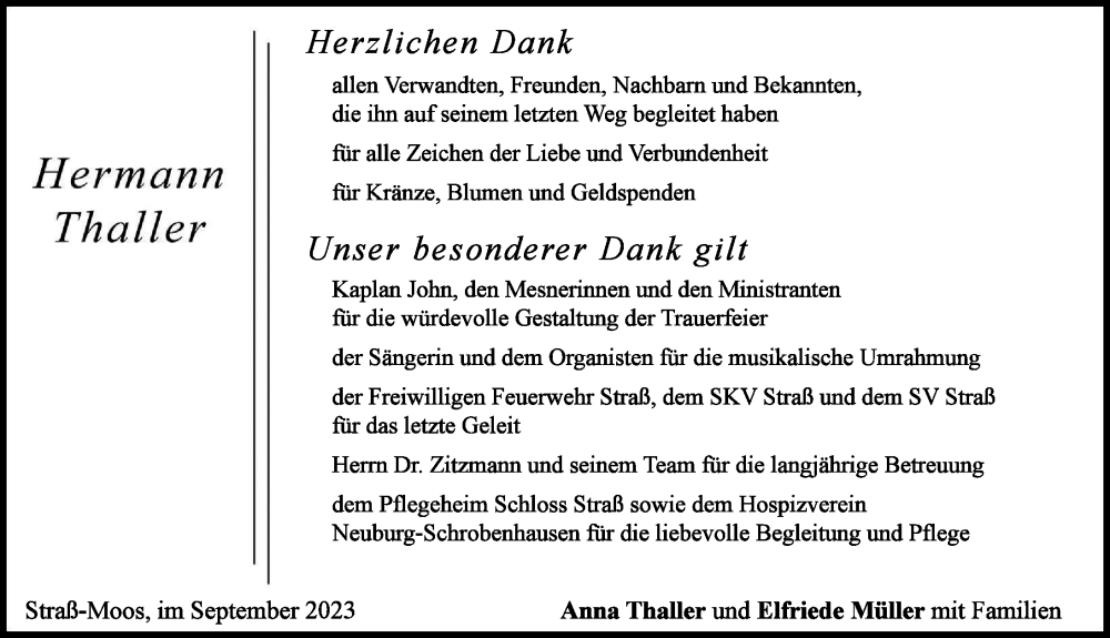  Traueranzeige für Hermann Thaller vom 30.09.2023 aus Neuburger Rundschau