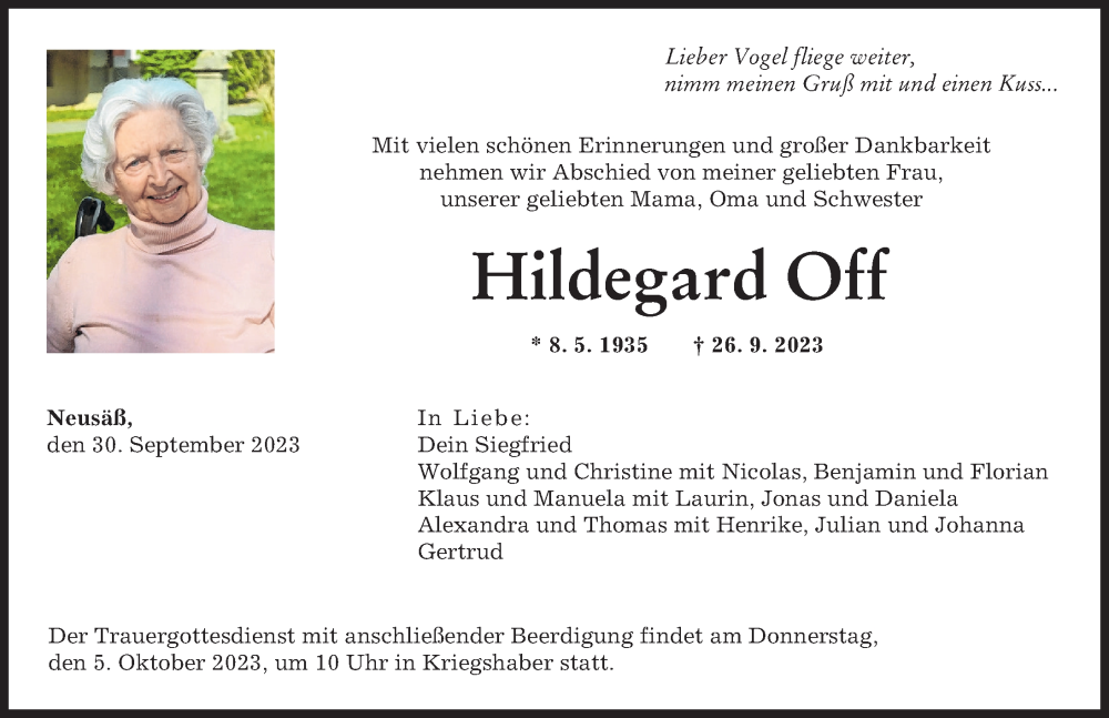  Traueranzeige für Hildegard Off vom 30.09.2023 aus Augsburger Allgemeine