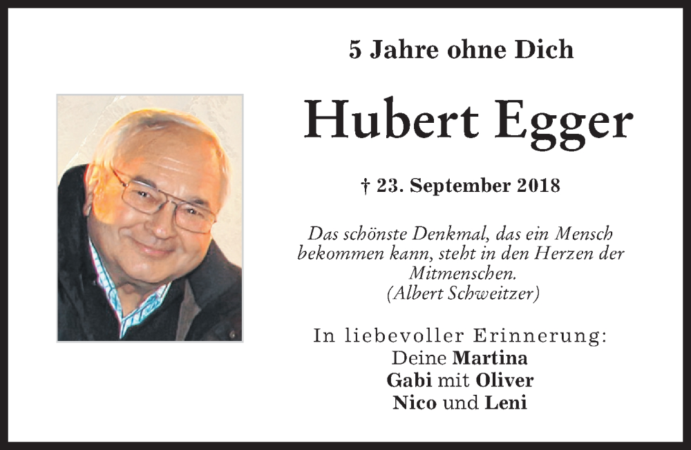  Traueranzeige für Hubert Egger vom 23.09.2023 aus Augsburg-Land