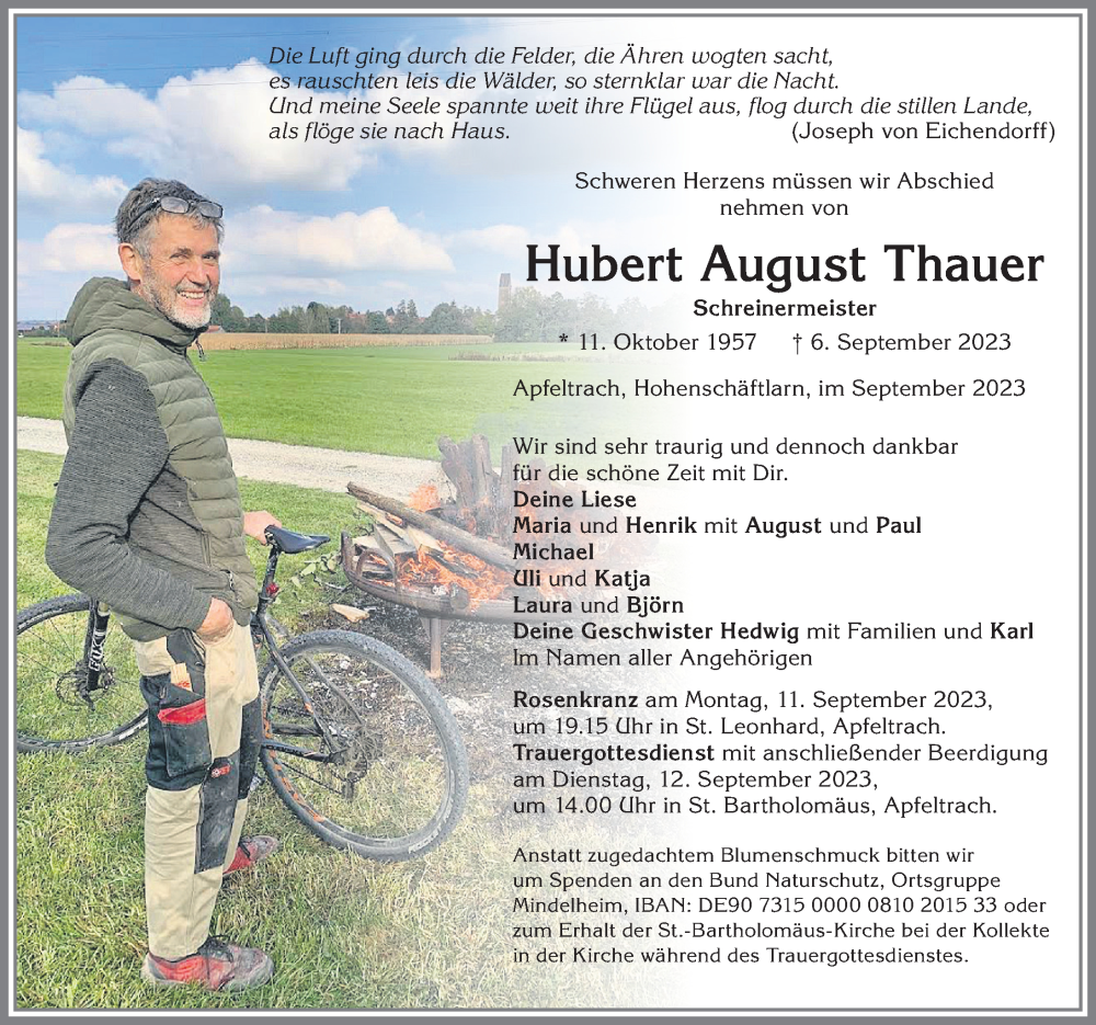  Traueranzeige für Hubert August Thauer vom 09.09.2023 aus Mindelheimer Zeitung