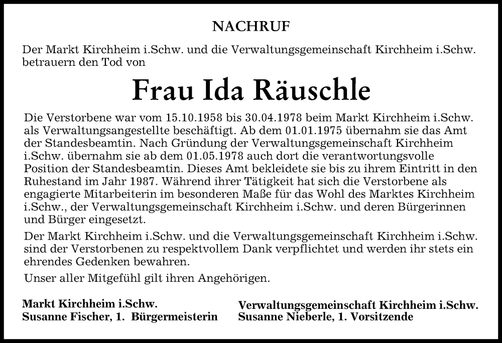  Traueranzeige für Ida Räuschle vom 27.09.2023 aus Mindelheimer Zeitung