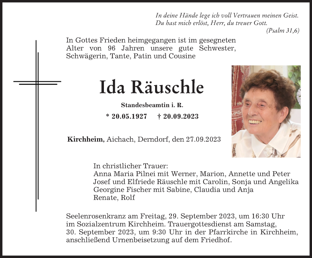  Traueranzeige für Ida Räuschle vom 27.09.2023 aus Mindelheimer Zeitung