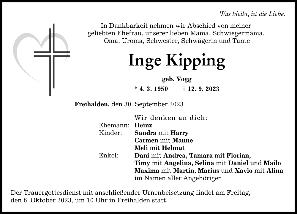  Traueranzeige für Inge Kipping vom 30.09.2023 aus Günzburger Zeitung