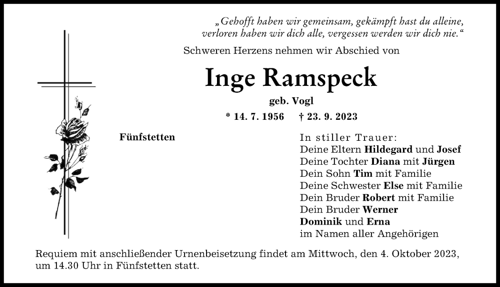  Traueranzeige für Inge Ramspeck vom 30.09.2023 aus Donauwörther Zeitung