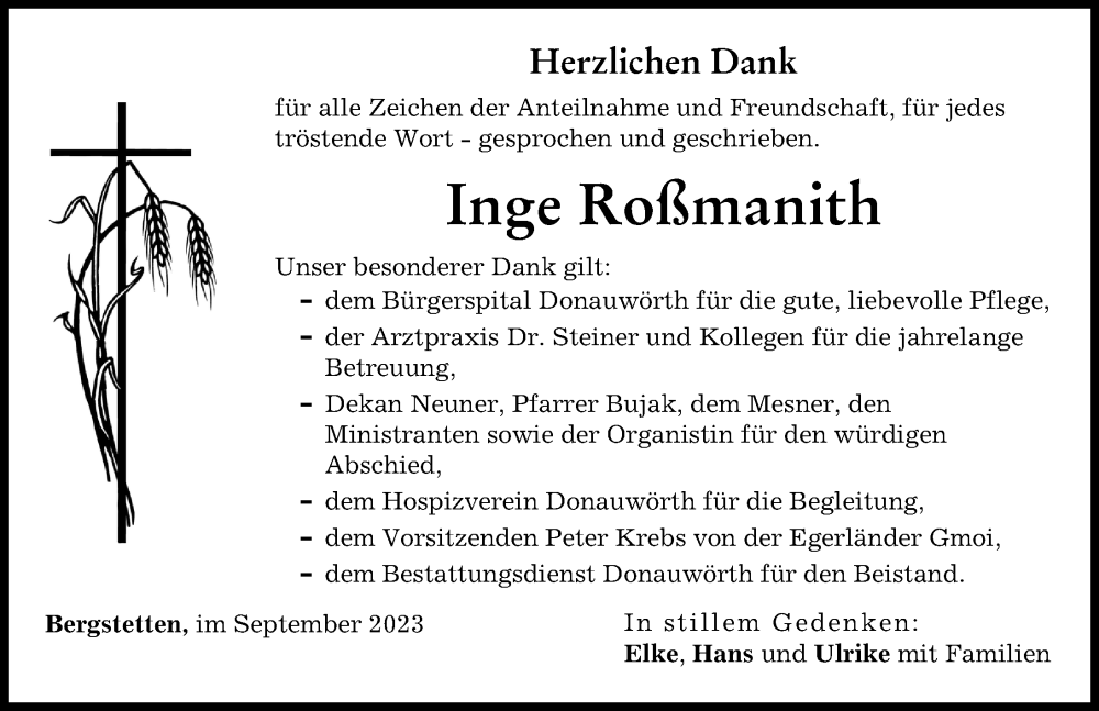 Traueranzeige von Inge Roßmanith von Donauwörther Zeitung