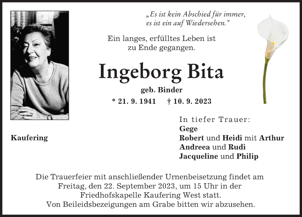 Traueranzeige für Ingeborg Bita vom 19.09.2023 aus Landsberger Tagblatt