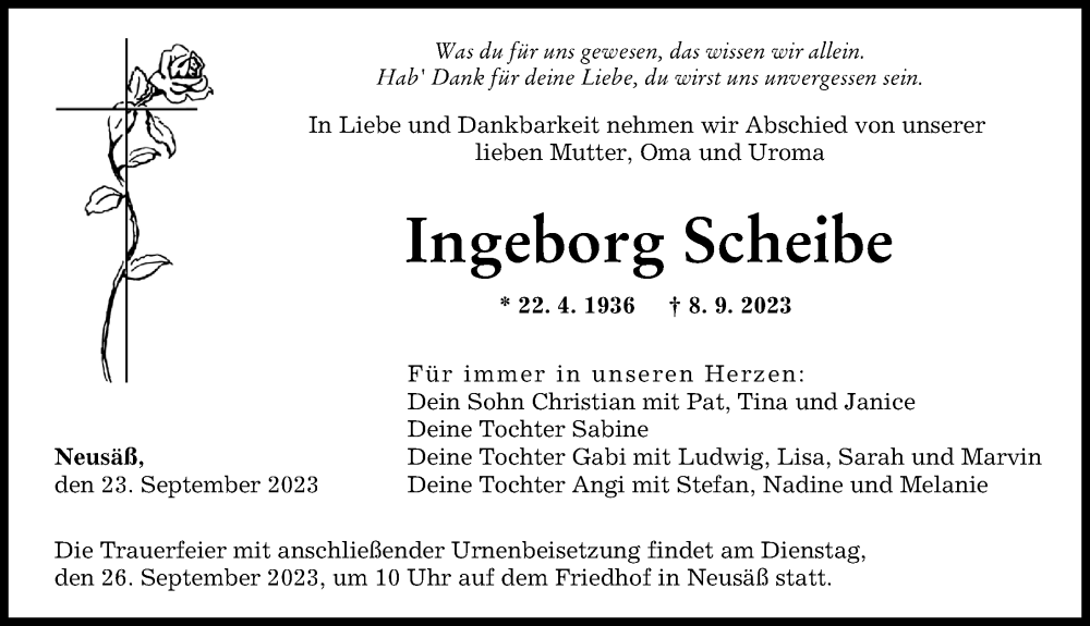  Traueranzeige für Ingeborg Scheibe vom 23.09.2023 aus Augsburger Allgemeine