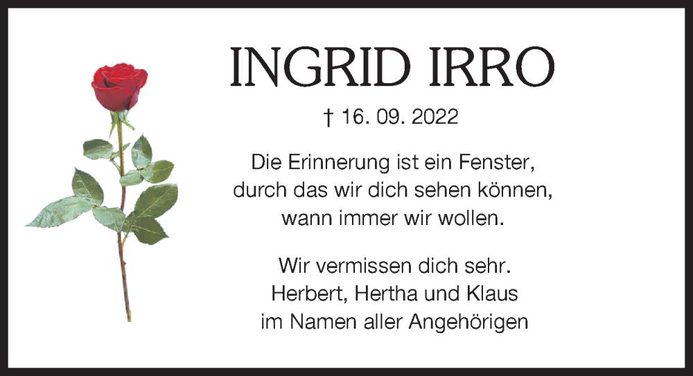 Traueranzeige von Ingrid Irro von Augsburger Allgemeine