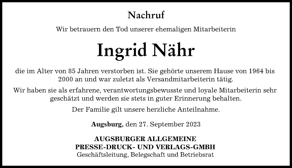 Traueranzeige für Ingrid Nähr vom 27.09.2023 aus Augsburger Allgemeine