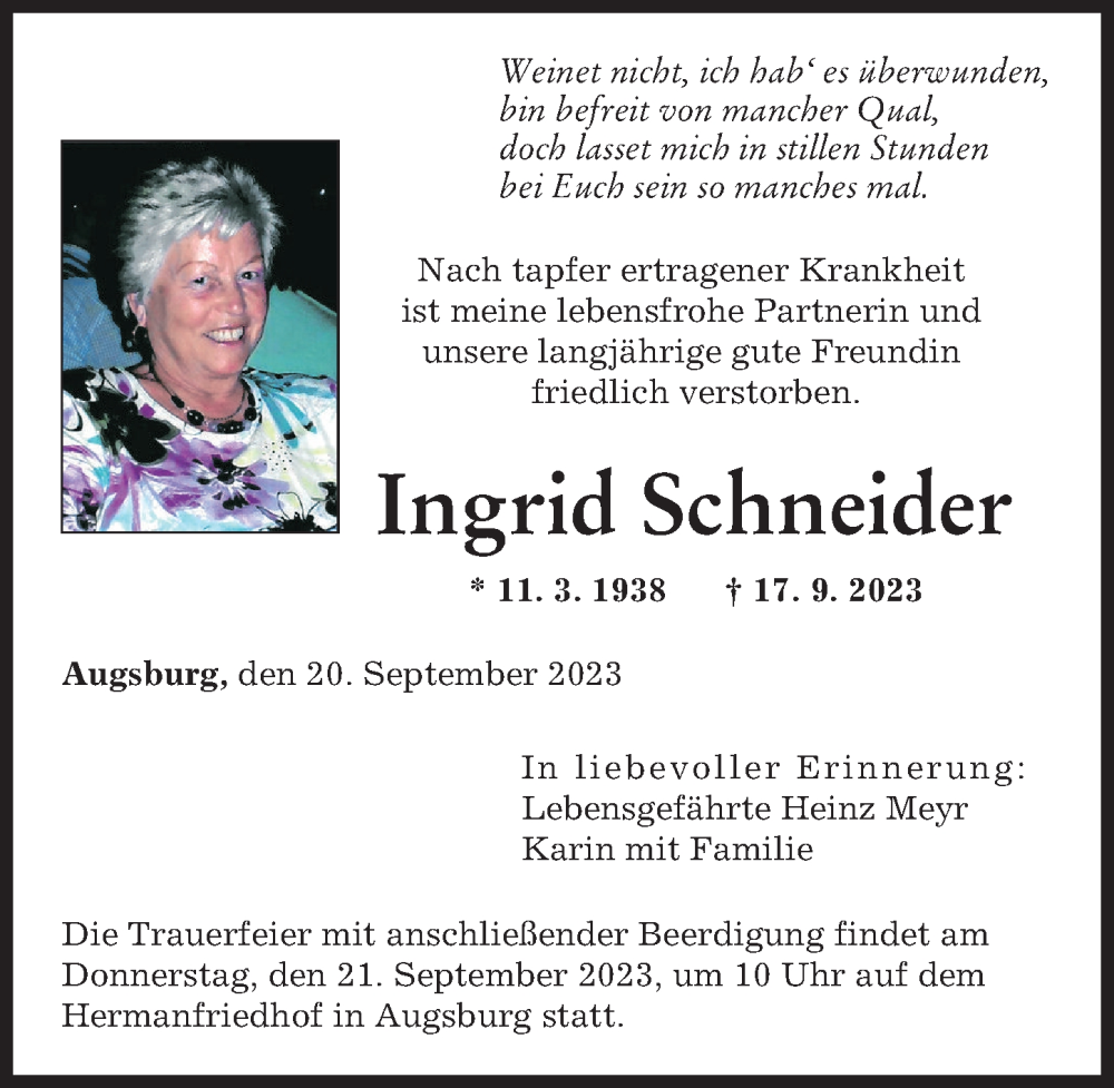 Traueranzeige von Ingrid Schneider von Augsburger Allgemeine