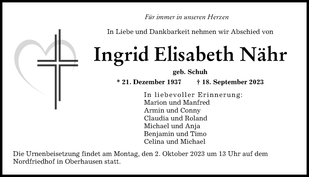  Traueranzeige für Ingrid Elisabeth Nähr vom 27.09.2023 aus Augsburger Allgemeine