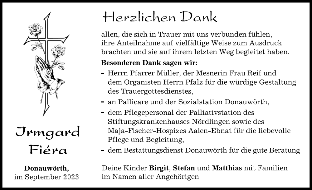 Traueranzeige von Irmgard Fiéra von Donauwörther Zeitung