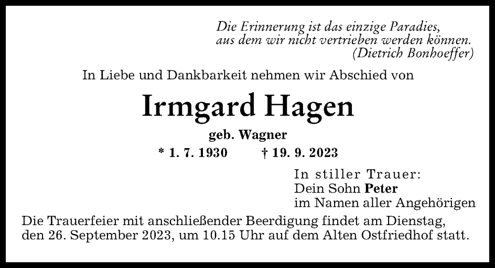 Traueranzeige von Irmgard Hagen von Augsburger Allgemeine