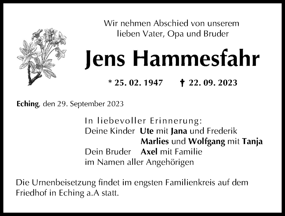 Traueranzeige für Jens Hammesfahr vom 29.09.2023 aus Landsberger Tagblatt