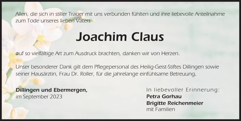 Traueranzeige von Joachim Claus von Donau Zeitung