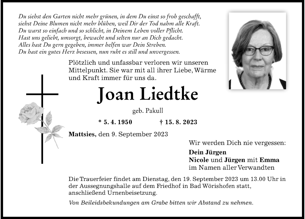 Traueranzeige von Joan Liedtke von Mindelheimer Zeitung