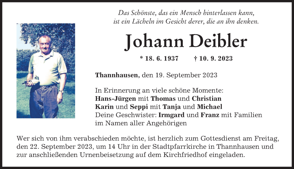  Traueranzeige für Johann Deibler vom 19.09.2023 aus Mittelschwäbische Nachrichten