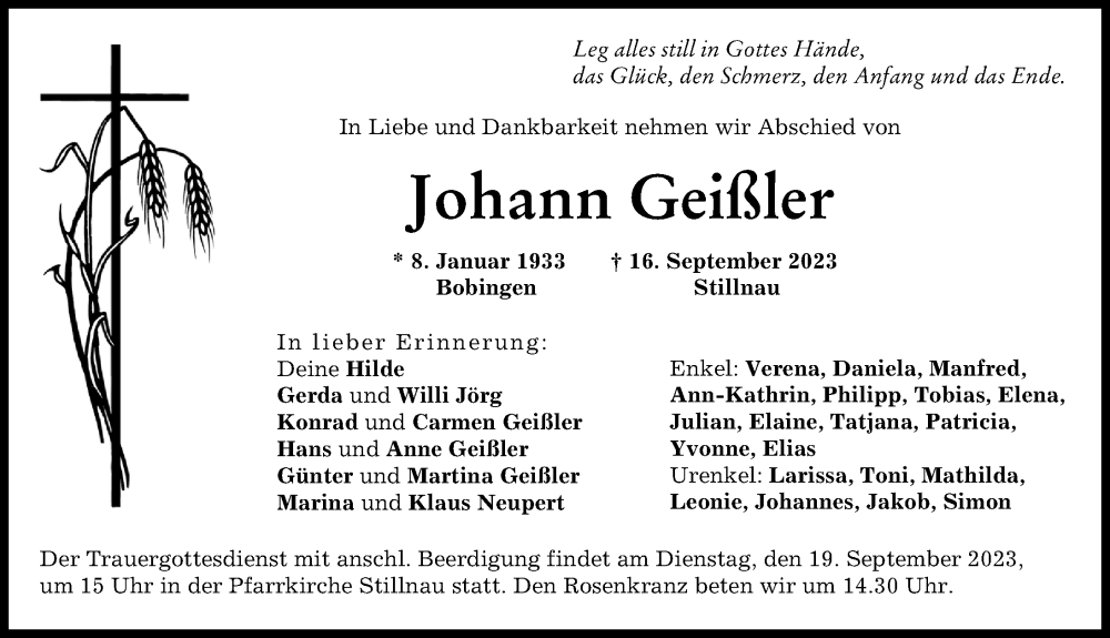  Traueranzeige für Johann Geißler vom 18.09.2023 aus Donau Zeitung