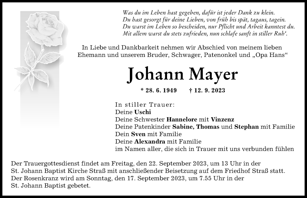 Traueranzeigen Von Johann Mayer Augsburger Allgemeine Zeitung