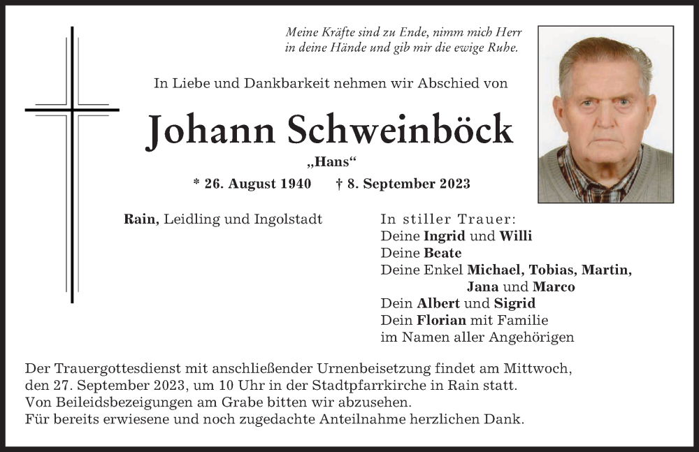  Traueranzeige für Johann Schweinböck vom 23.09.2023 aus Donauwörther Zeitung