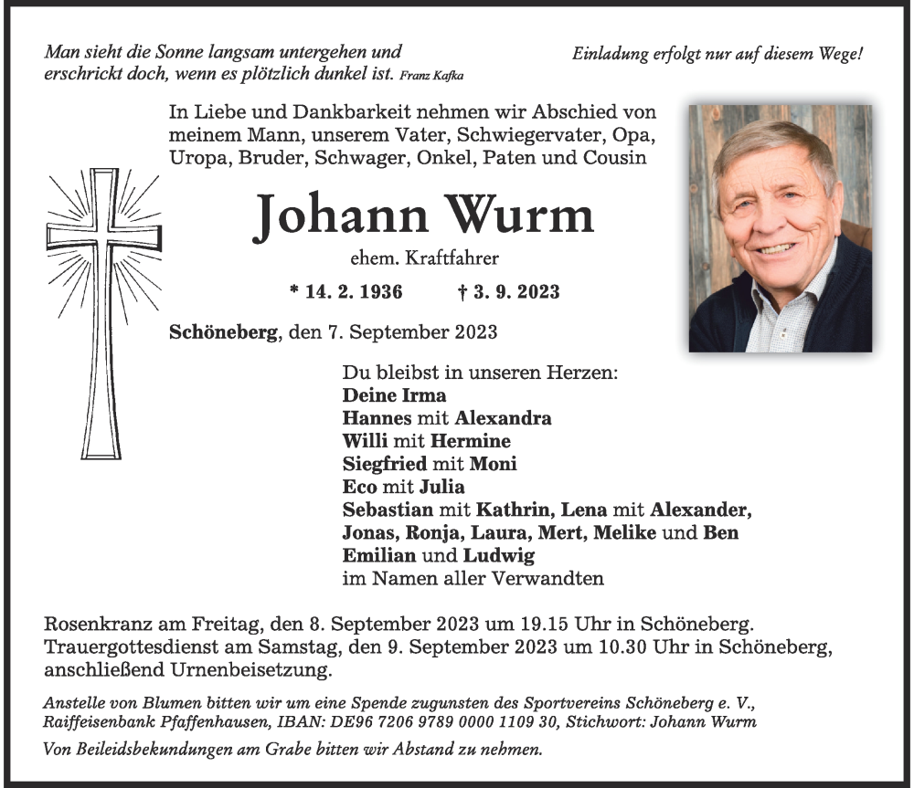  Traueranzeige für Johann Wurm vom 07.09.2023 aus Mindelheimer Zeitung