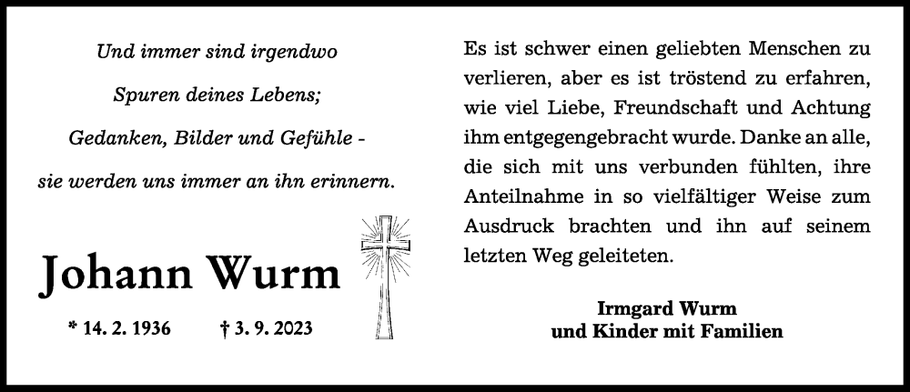  Traueranzeige für Johann Wurm vom 28.09.2023 aus Mindelheimer Zeitung