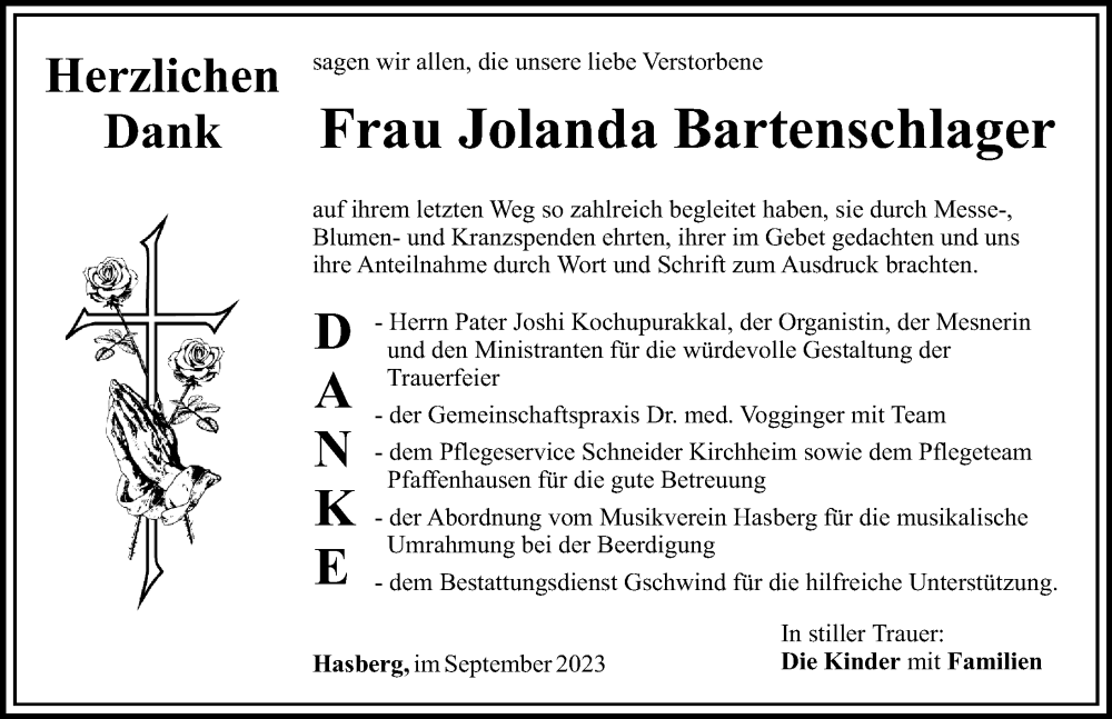 Traueranzeige von Jolanda Bartenschlager von Mindelheimer Zeitung, Mittelschwäbische Nachrichten
