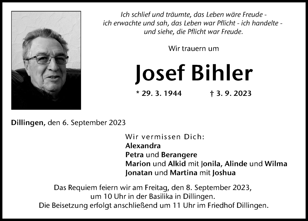 Traueranzeige von Josef Bihler von Donau Zeitung