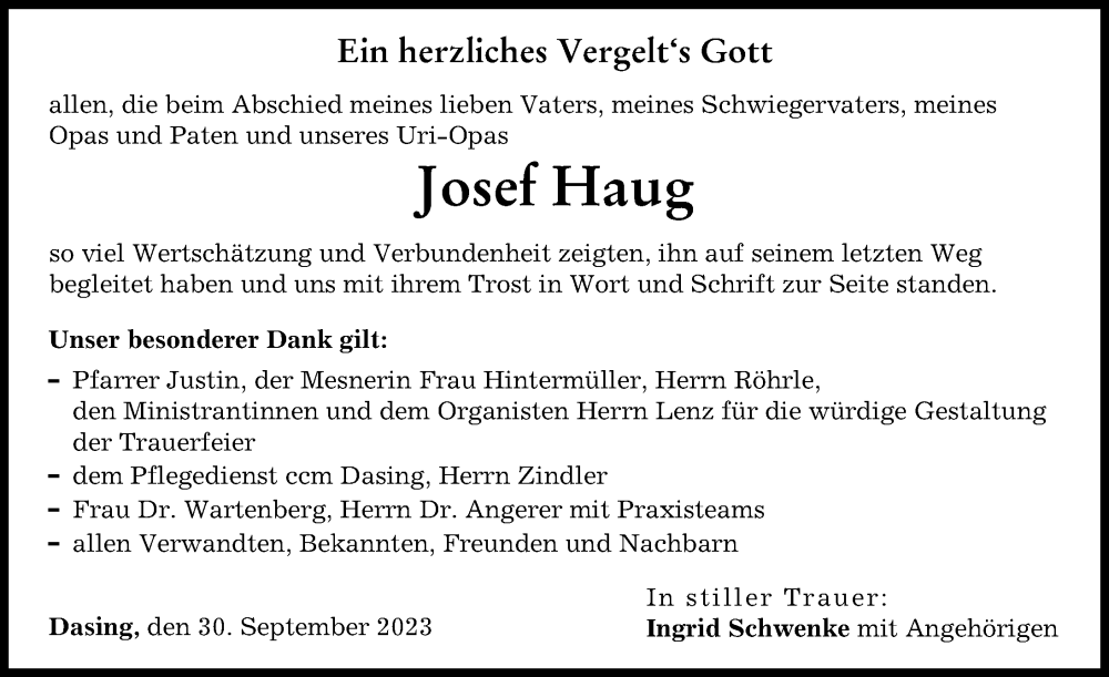  Traueranzeige für Josef Haug vom 30.09.2023 aus Friedberger Allgemeine
