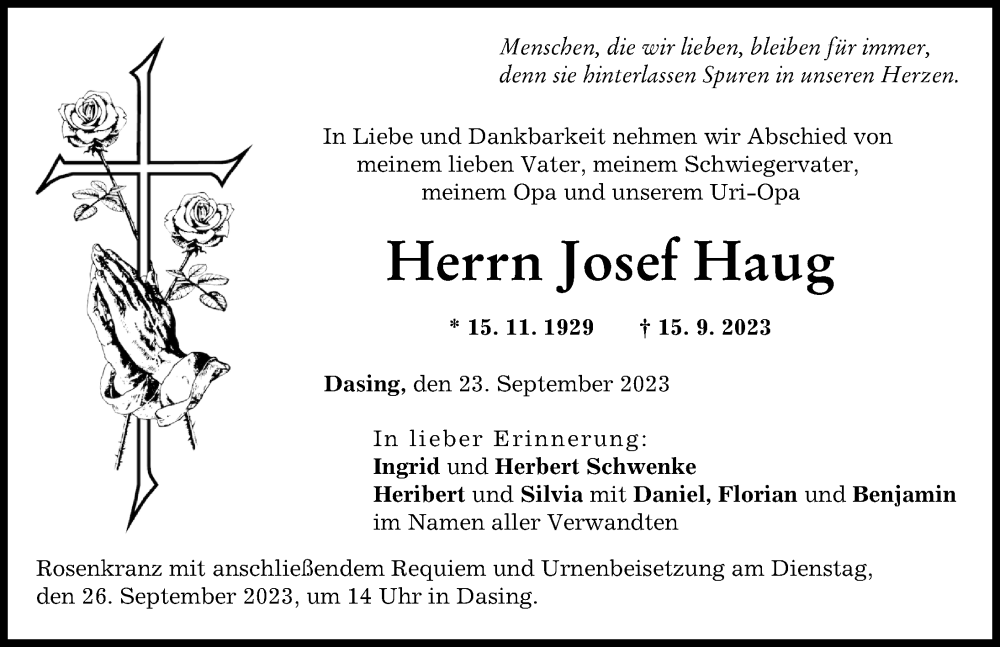  Traueranzeige für Josef Haug vom 23.09.2023 aus Friedberger Allgemeine
