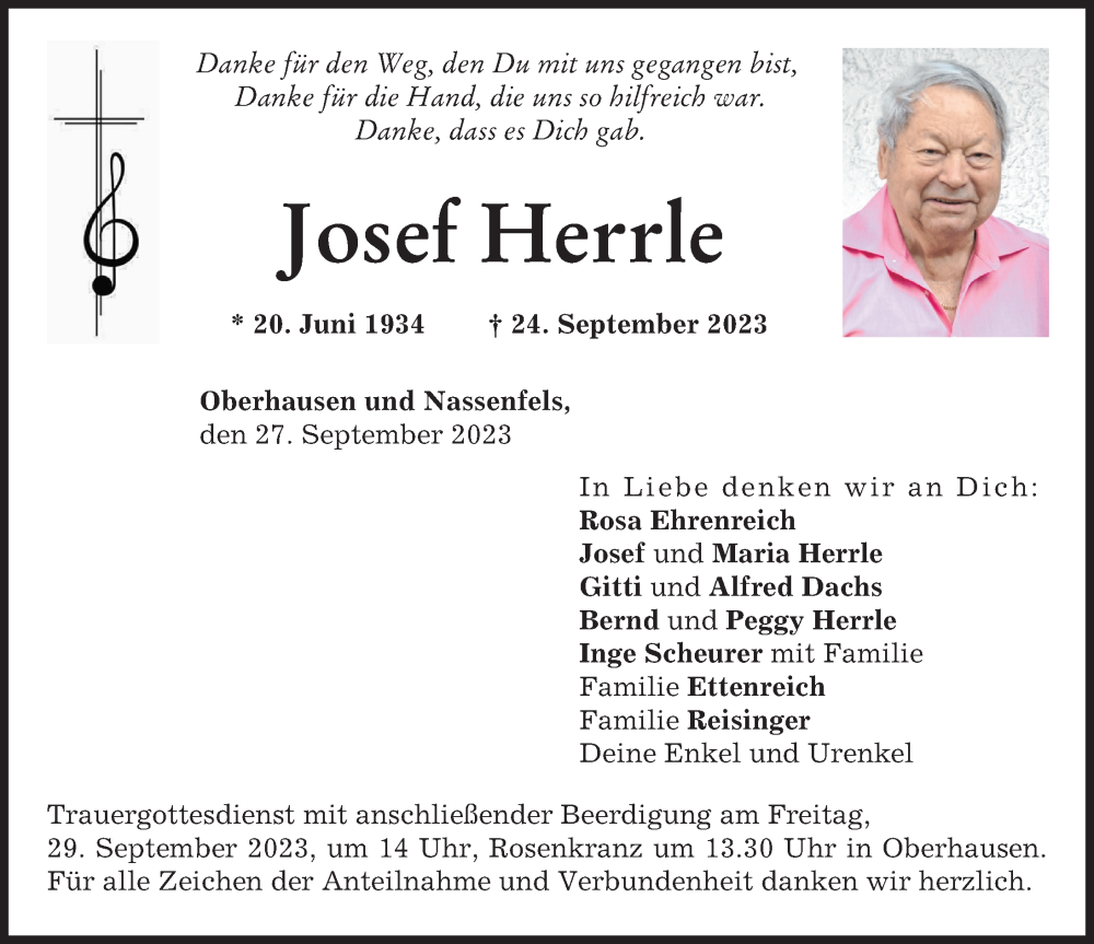  Traueranzeige für Josef Herrle vom 27.09.2023 aus Neuburger Rundschau
