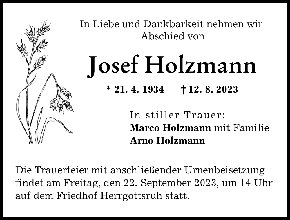 Traueranzeige von Josef Holzmann von Friedberger Allgemeine