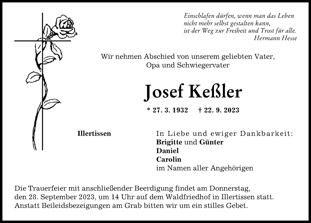  Traueranzeige für Josef Keßler vom 27.09.2023 aus Illertisser Zeitung