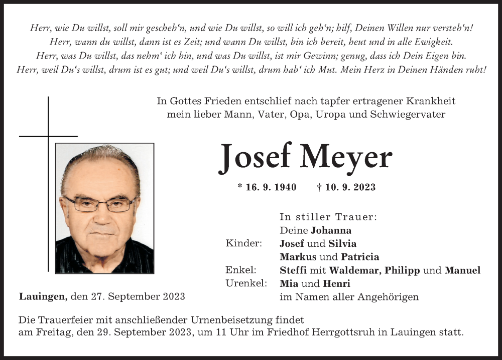  Traueranzeige für Josef Meyer vom 27.09.2023 aus Donau Zeitung