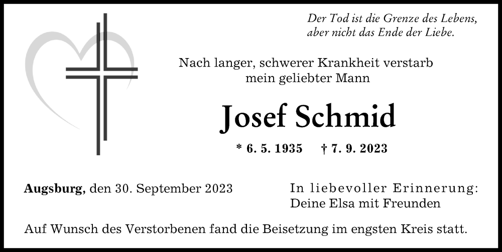  Traueranzeige für Josef Schmid vom 30.09.2023 aus Augsburger Allgemeine