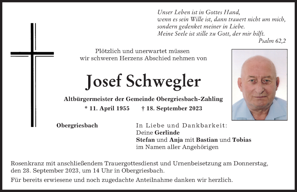 Traueranzeige von Josef Schwegler von Friedberger Allgemeine, Aichacher Nachrichten