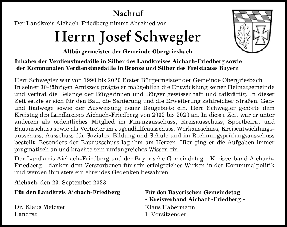 Traueranzeige von Josef Schwegler von Friedberger Allgemeine, Aichacher Nachrichten
