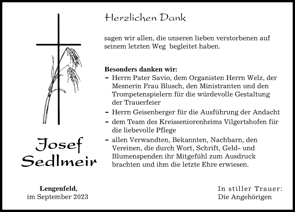 Traueranzeige von Josef Sedlmeir von Landsberger Tagblatt
