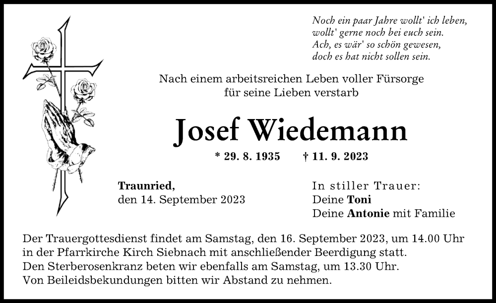 Traueranzeige von Josef Wiedemann von Mindelheimer Zeitung