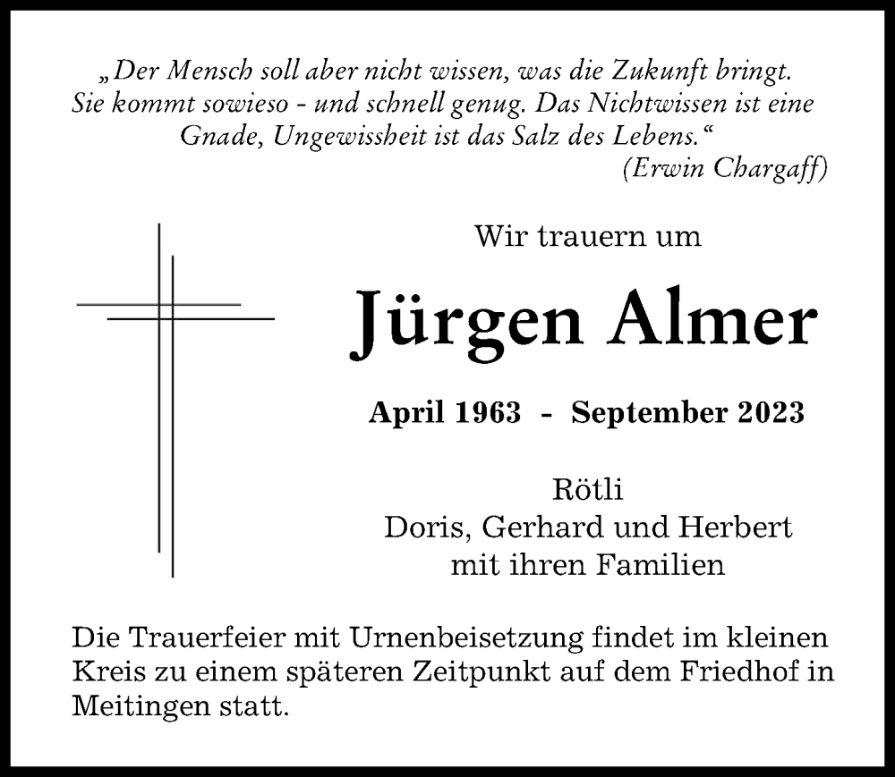 Traueranzeige von Jürgen Almer von Augsburger Allgemeine