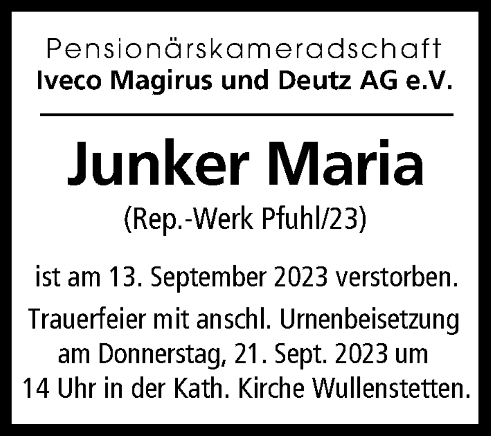 Traueranzeige von Junker Maria von Illertisser Zeitung, Günzburger Zeitung, Neu-Ulmer Zeitung