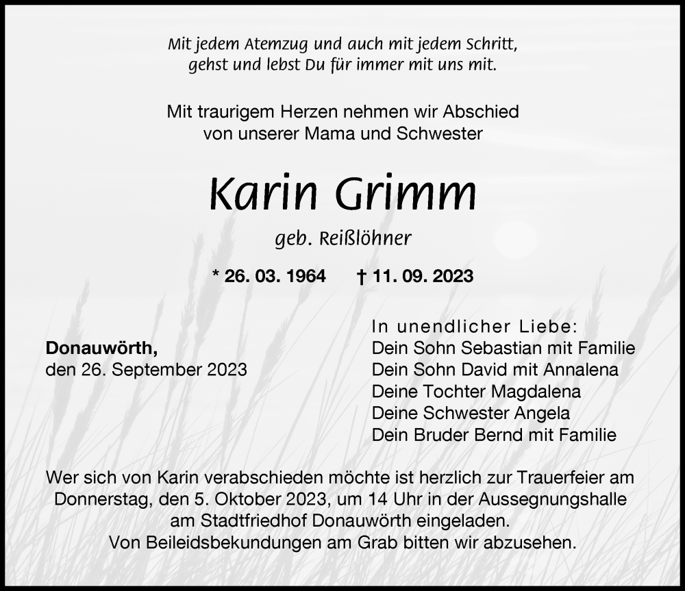  Traueranzeige für Karin Grimm vom 26.09.2023 aus Donauwörther Zeitung