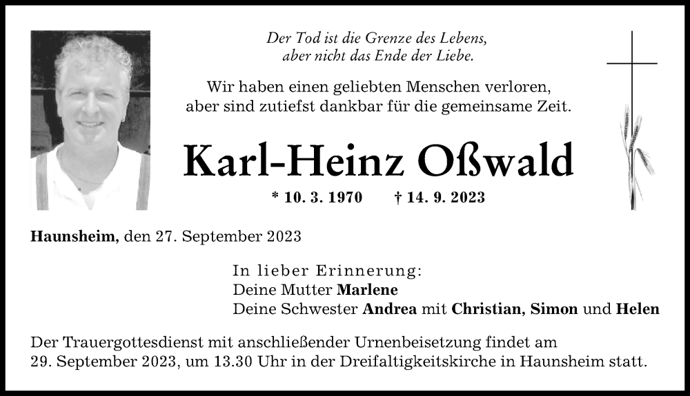  Traueranzeige für Karl-Heinz Oßwald vom 27.09.2023 aus Donau Zeitung